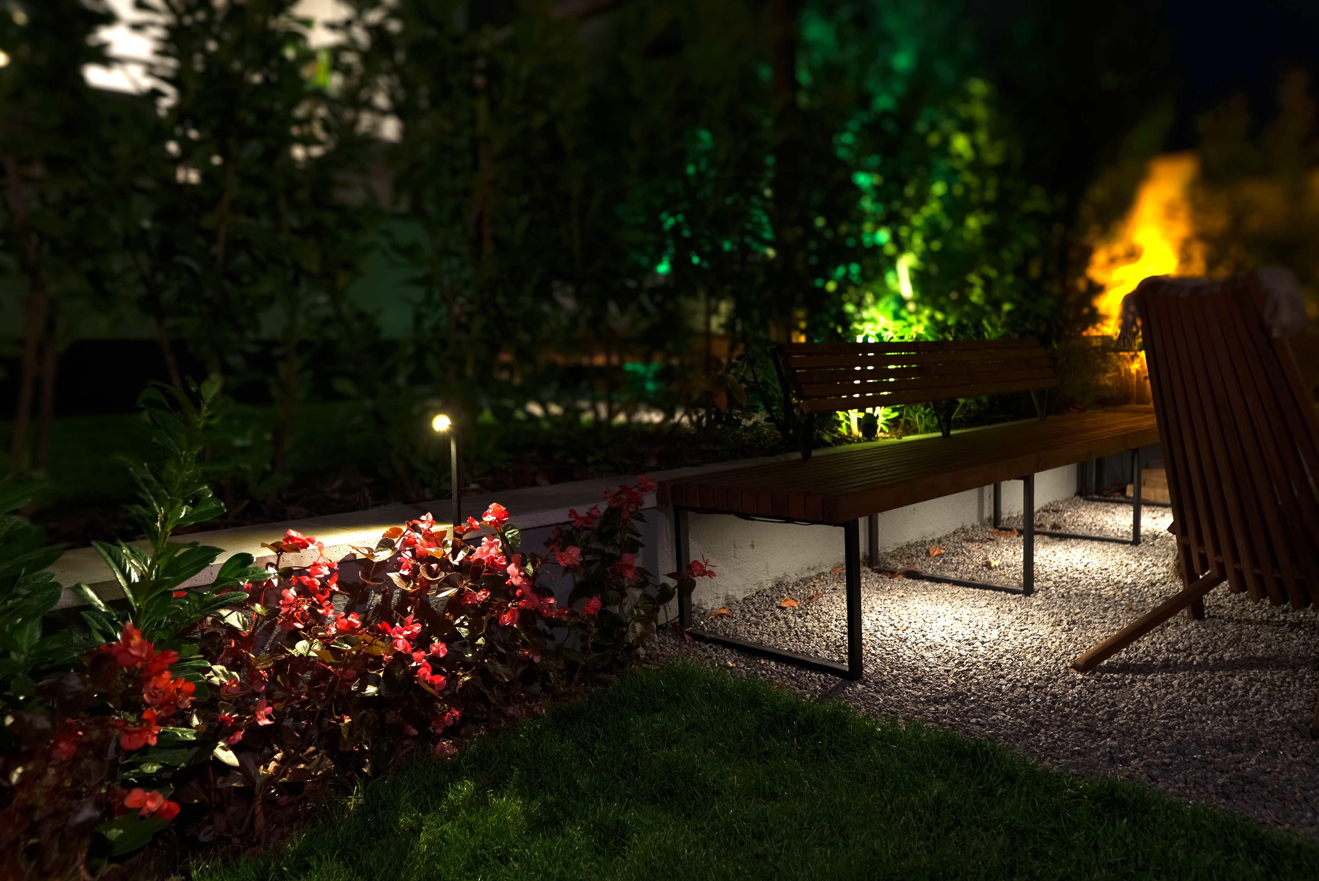 Evening retreat with vibrant color-changing uplighting and intimate seating areas